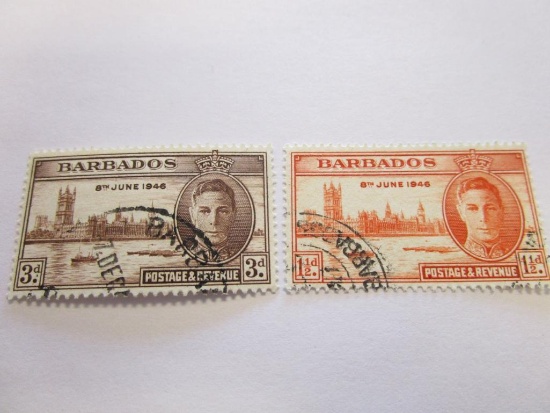 Two canceled 1946 Barbados 3 cent postage stamps