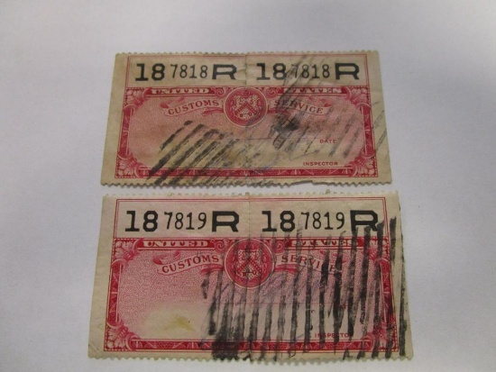 Two complete sets of historical canceled, sequential US Customs Service Passengers' Baggage Stamps.