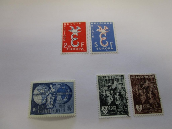 Five Belgium travel and postage stamps