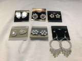 Lot of 6 Silver-Tone Clear Rhinestone Earrings