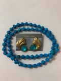 Lot of vintage costume jewelry blue beaded long necklace with statement gold toned and blue earrings