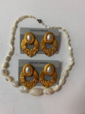 Lot of two vintage statement costume jewelry gold toned earrings with pearl necklace