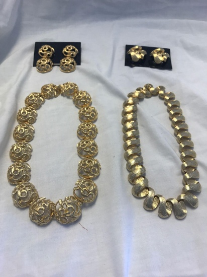 Lot of 2 Chunky Gold-Tone Necklace and Earring Sets