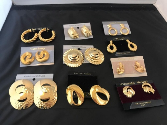 Lot of 10 Gold-Tone Pierced Costume Earrings