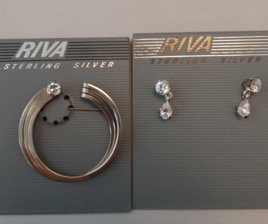 Riva sterling silver and crystal brooch and earrings