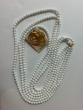 Lot of vintage costume jewelry pearl necklace and gold toned statement earring set