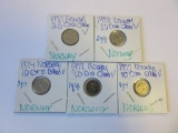 Lot of 5 Norwegian 10/25 Ore Coins