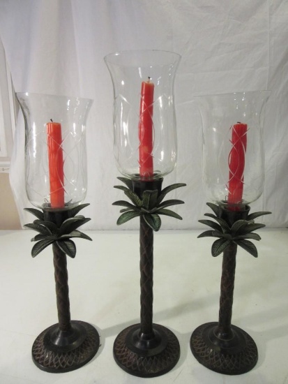 Lot of 20" and 18" Palm Tree Candle Holders w/ Glass Coverings and Candles