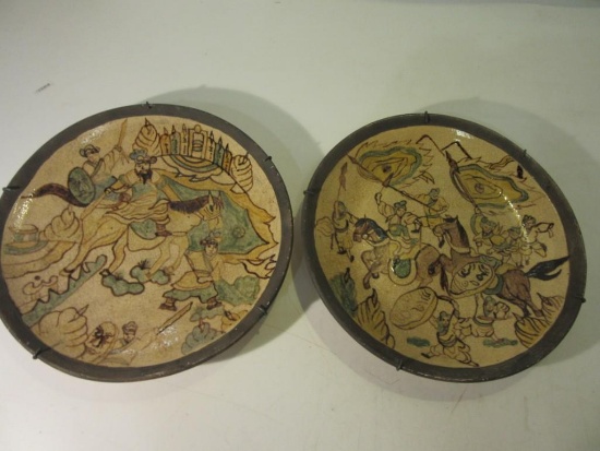 Lot of 2 Hanging Decorative Intricate Oriental Design Plates w/ Chinese Markings on Backside