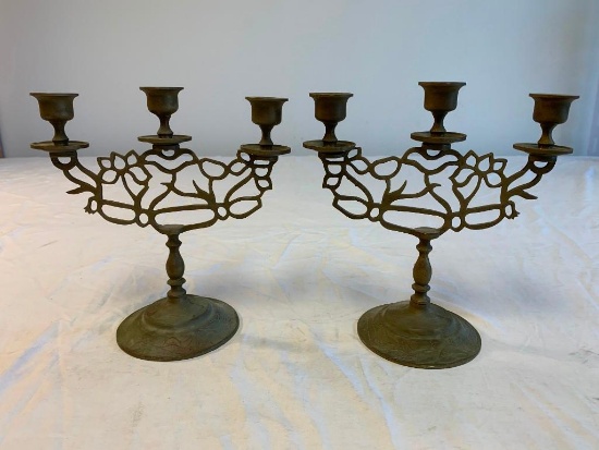 Vintage Pair of Brass Candelabras 3-arm