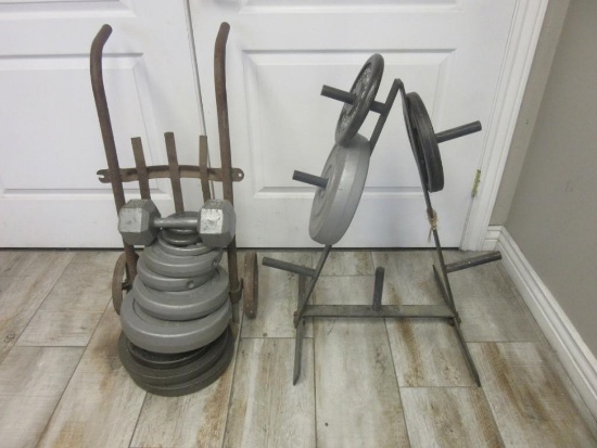 Weights, Dumbell, Metal Dolly, and Weight Rack