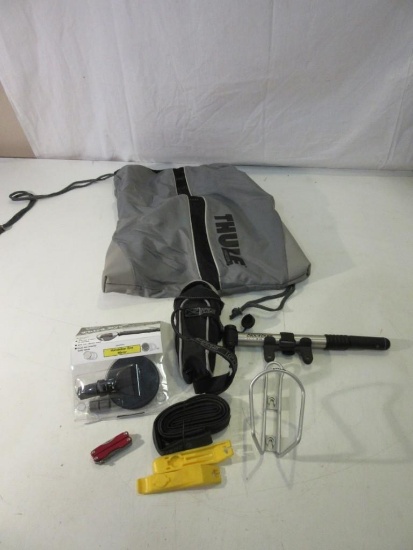 Lot of Bicycle Equipment w/ Tube Repair, Hand Pump, Mirror, Water Holder, Leatherman and Thule Bag