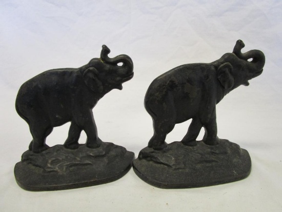 Vintage cast iron elephant bookends - trunk up