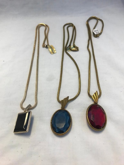 Lot of 3 Gold-Tone Jewel Pendant Necklaces