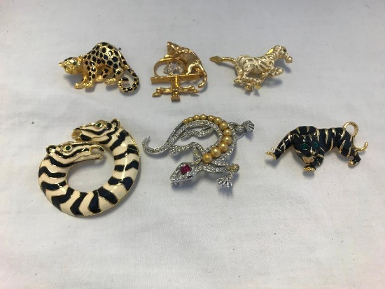 Lot of 6 Gold and Silver-Tone Animal Themed Brooches
