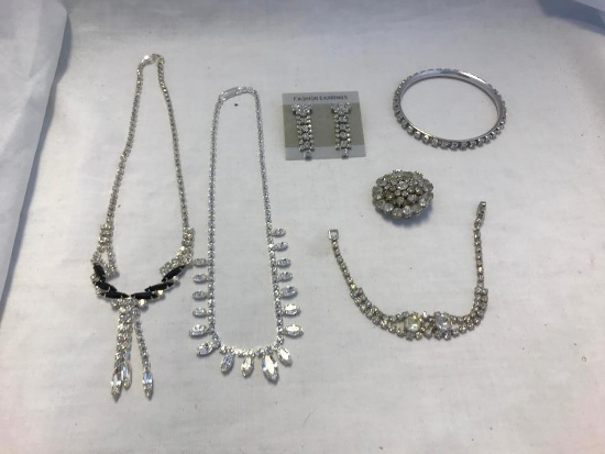 Lot of 6 Misc. Silver-Tone Rhinestone Jewelry