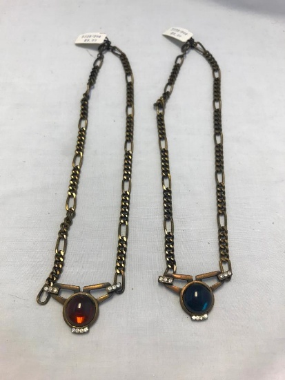 Lot of 2 Identical Brass-Tone Necklaces w/ Different Colored Stones