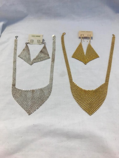 Lot of 2 Metal Mesh Silver and Gold-Tone Necklace and Earring Sets