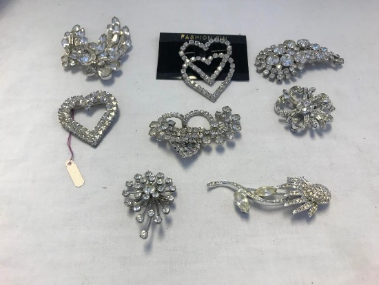 Lot of 8 Silver-Tone Rhinestone Brooches