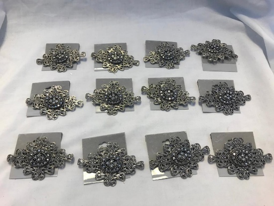 Lot of 12 Identical Silver-Tone Brooches