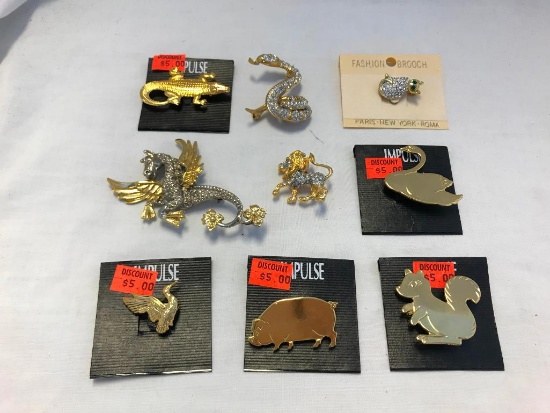 Lot of 9 Silver and Gold-Tone Animal Theme Brooches