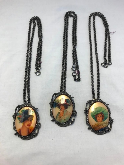 Lot of 3 Female Portrait Pendant Necklaces