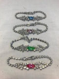 Lot of 4 Silver-Tone Rhinestone Bracelets w/ Center Stone