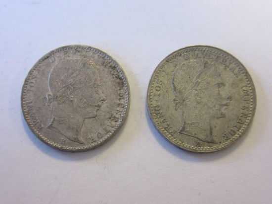 Pair of 1859B/1862A .52 Silver Austrian 1/4 Florin Coins