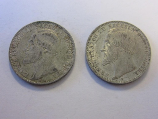 Pair of 1852F/1855F .52 Silver Saxe-Coburg and Gotha 1/6 Thaler Coin.