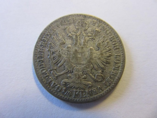 1858V .52 Silver Austrian 1/4 Florin Coin