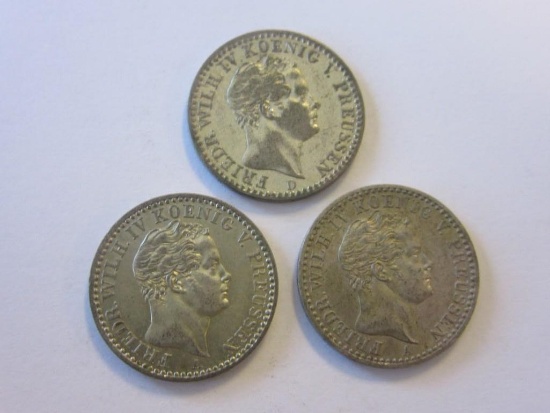 Lot of 3 .52 Silver 1/6 Thaler Kingdom of Prussia Frederick William IV Coins (1841A, 1845A, 1845D)