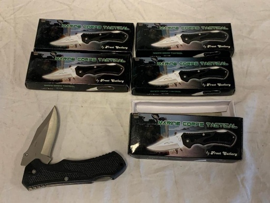 Lot of 5 Frost Cutlery Pocket Knife Marine Corps Tactical Black Handle 4.5" NEW 16-119B