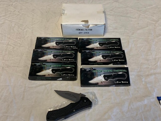 Lot of 6 Frost Cutlery Pocket Knife Marine Corps Tactical Black Handle 4.5" NEW IN BOX 16-119B