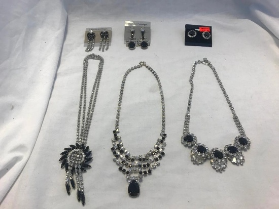 Lot of 3 Silver-Tone and Black Rhinestone Necklace and Earring Sets
