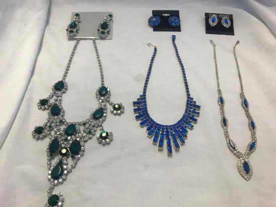 Blue and Green Rhinestone Necklace and Earring Sets