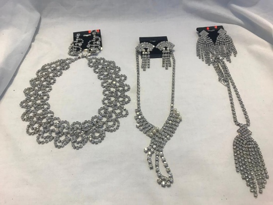 Lot of 3 Silver-Tone Rhinestone Necklace and Earring Sets