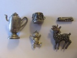 5 .925 Silver Pendants, Pin, and Tea Kettle 20g TW