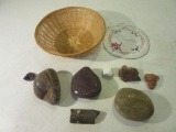 Lot of Polished Stones w/ Wicker Basket and Doily