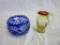 Blue Glass Candleholder and Small Glass Pitcher
