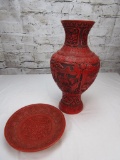 Vintage Cinnabar lacquer vase and plate