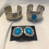 Lot of 2 Silver-Tone Bracelets w/ One Pair of Matching Earrings