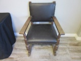 Vtg Wooden Frame Black Leather Seat Armchair