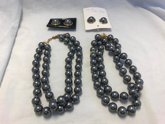 Lot of 2 Identical Gray Bead Necklace and Earring Sets