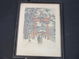 Framed Japanese Print of Mother and Son at Temple