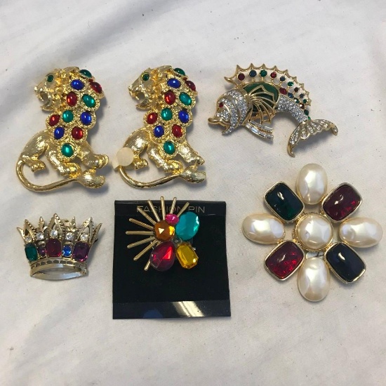 Lot of 6 Gold-Tone and Colorful Rhinestone Brooches