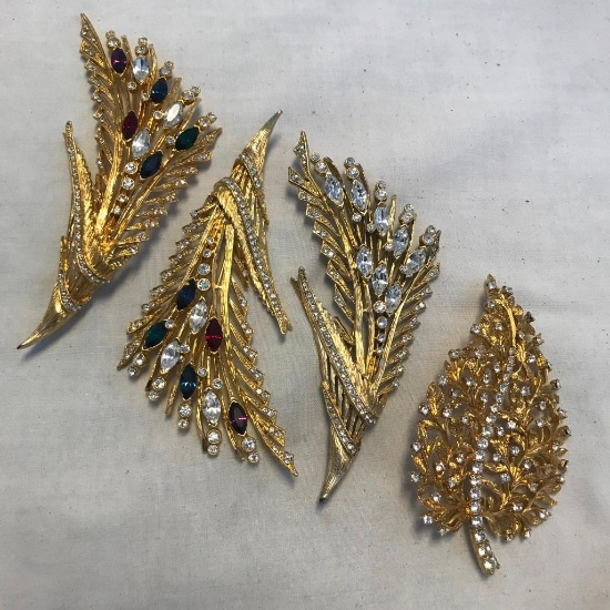 Lot of 4 Gold-Toned and Rhinestone Brooches