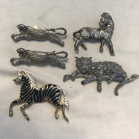 Lot of 5 Silver Toned and Black Animal Brooches