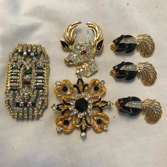 Lot of 6 Black, Rhinestone, and Gold-Toned Brooches
