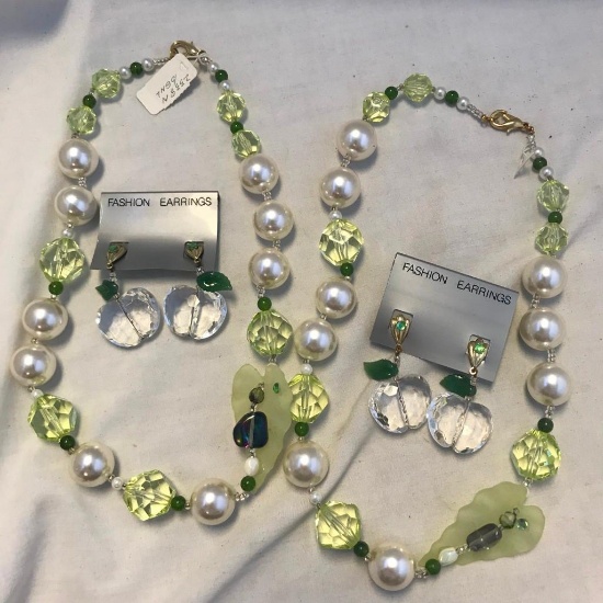 Lot of 2 Identical Clear/Green Bead Necklace and Apple Earring Sets