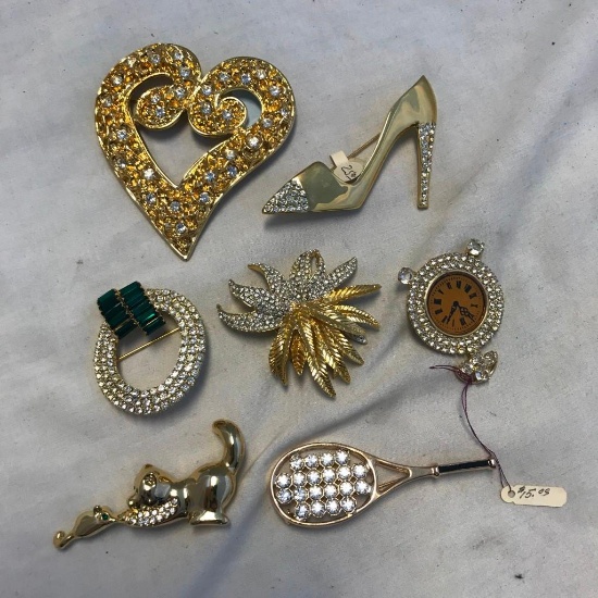 Lot of 7 Misc. Gold-Toned and Rhinestone Brooches